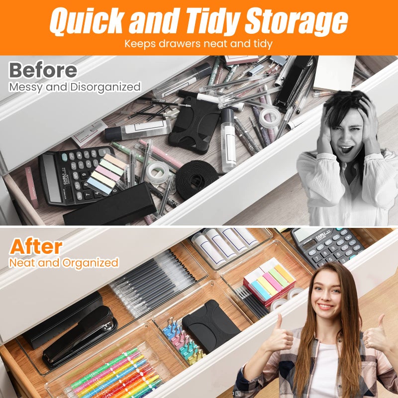 Criusia 6 Pcs Large Size Clear Drawer Organizer Set, Acrylic Non Slip Non Cracking Kitchen Drawer Storage Tray Divider, Multifunctional Storage for Cosmetics, Bathroom, Tools, Kitchen and Office - Image 5