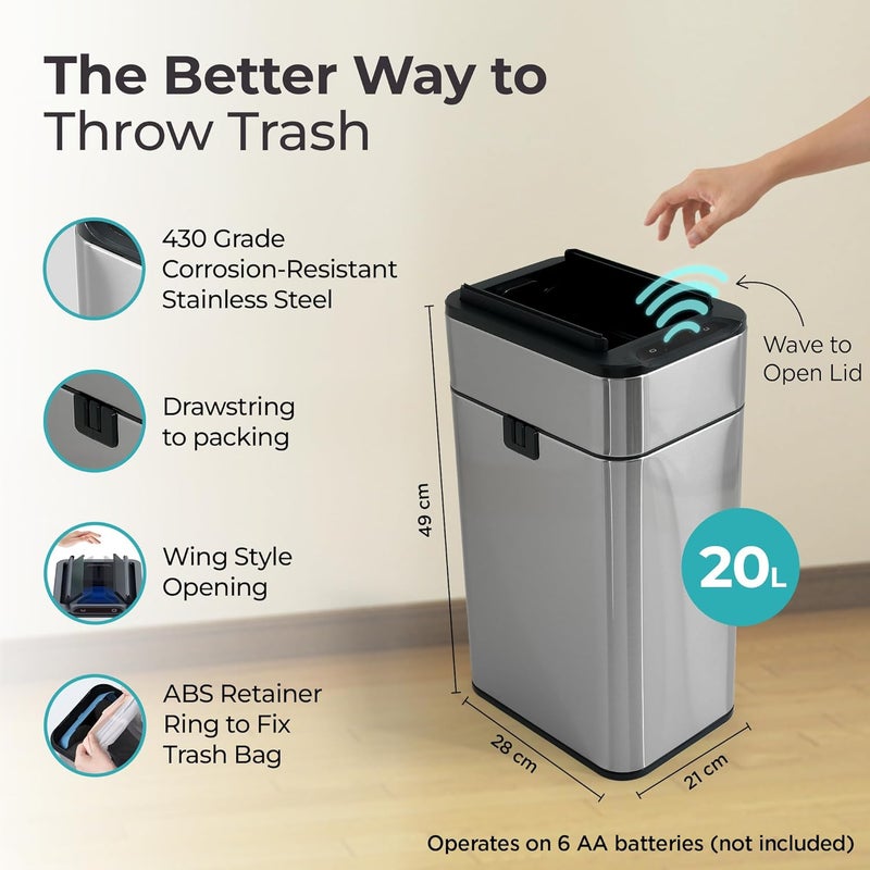 The Better Home سلة المهملات المنزلية الأفضل 20 لتر للمطبخ ضمان 1 سنة سلة مهملات للحمام 49 سم سلة مهملات ذكية أوتوماتيكية لغرفة النوم سلة مهملات فولاذية مع غطاء سلة مهملات للمكتب سلة قمامة فضية - Image 3