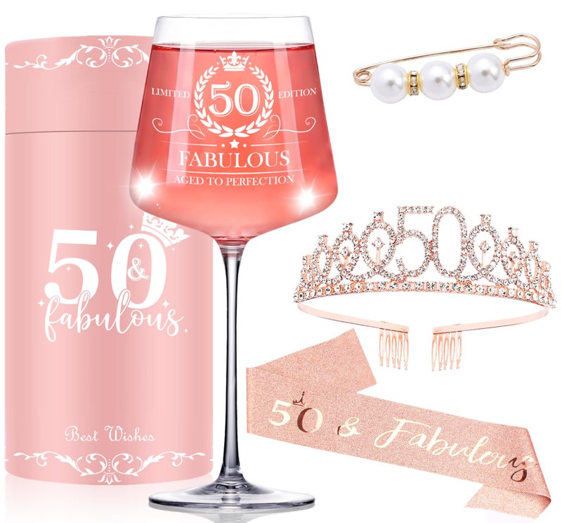 Cyrelwing 50th Birthday Gifts for Women Her,50th Birthday Sash,Crown,Rhinestone Tiara,Vintage Engraved Wine Glass,50 Year Old Birthday Decorations For Her,Women,Mom,Wife,Friends,Sister-Turning 50 Present - Image 1