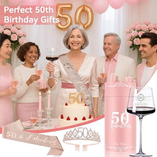 Cyrelwing 50th Birthday Gifts for Women Her,50th Birthday Sash,Crown,Rhinestone Tiara,Vintage Engraved Wine Glass,50 Year Old Birthday Decorations For Her,Women,Mom,Wife,Friends,Sister-Turning 50 Present - Image 5