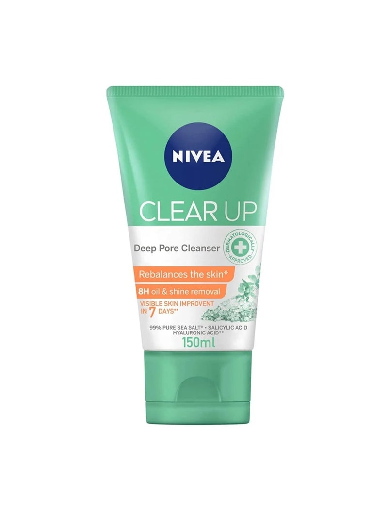 Nivea - NIVEA Face Wash Deep Pore Cleanser, Clear Up Anti-Acne Sea Salt, Salicylic & Hyaluronic Acid, 150ml - Image 1