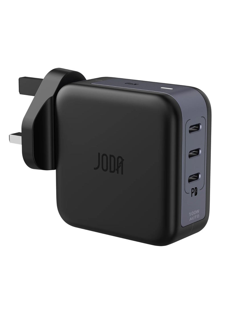 JODA High-performance 100W wall charger with 3 PD ports, capable of charging multiple devices simultaneously. Powered by GaN technology for efficient energy use and a compact - Image 1