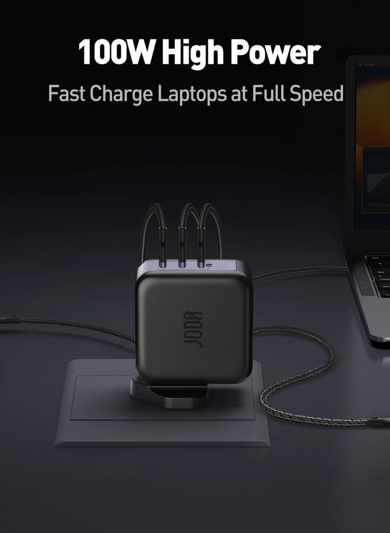 JODA High-performance 100W wall charger with 3 PD ports, capable of charging multiple devices simultaneously. Powered by GaN technology for efficient energy use and a compact - Image 2