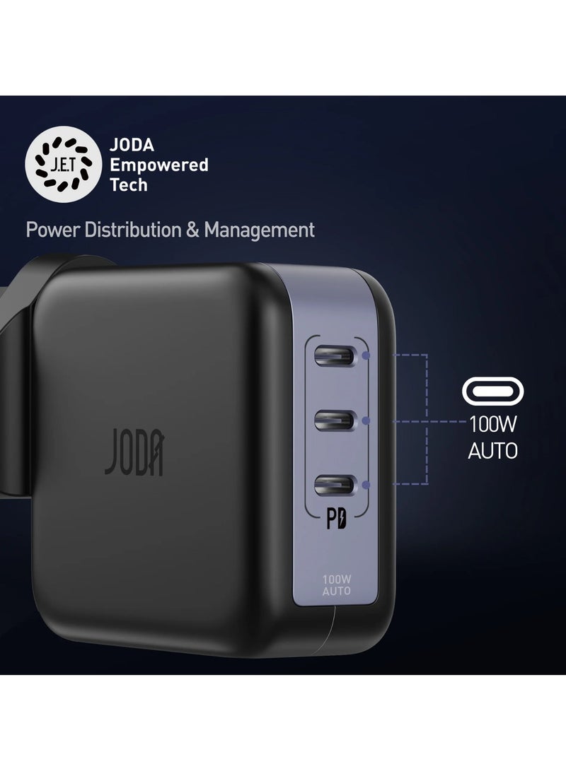JODA High-performance 100W wall charger with 3 PD ports, capable of charging multiple devices simultaneously. Powered by GaN technology for efficient energy use and a compact - Image 5