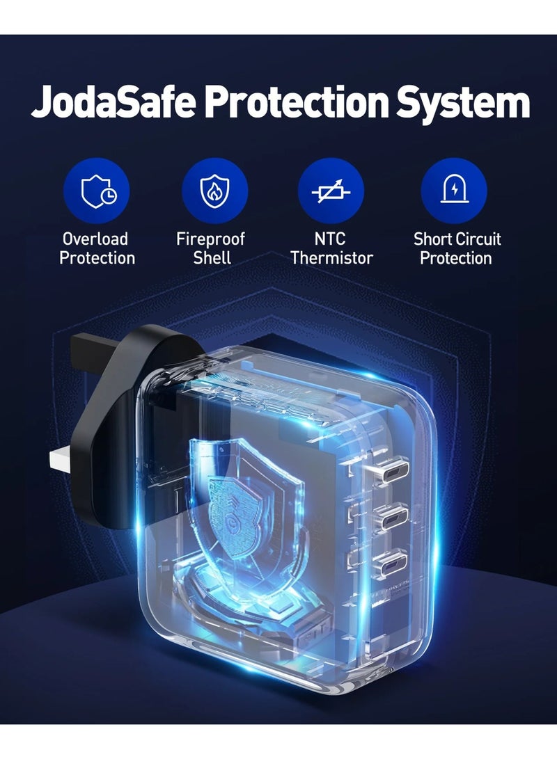 JODA High-performance 100W wall charger with 3 PD ports, capable of charging multiple devices simultaneously. Powered by GaN technology for efficient energy use and a compact - Image 3