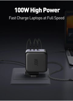 High-performance 100W wall charger with 3 PD ports, capable of charging multiple devices simultaneously. Powered by GaN technology for efficient energy use and a compact