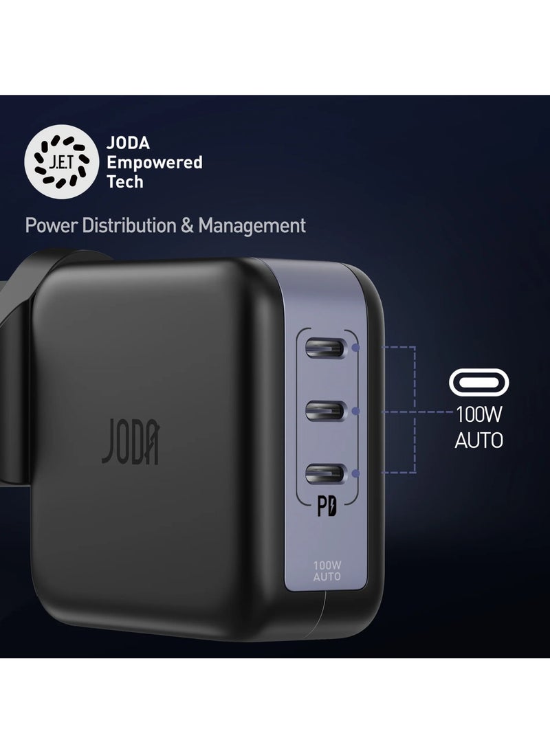 JODA - High-performance 100W wall charger with 3 PD ports, capable of charging multiple devices simultaneously. Powered by GaN technology for efficient energy use and a compact - Image 1
