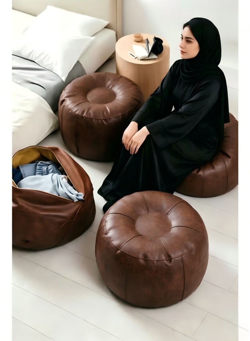 Round Leather Pouf Ottoman, Multifunctional Floor Cushion, Storage Bean Bag, Soft Footrest Stool, Non-Slip Sitting Pillow, Versatile Foot Stool, Living Room Bedroom Sofa Seat Pad, Indoor Home Furniture Footrest Seat for Relaxing, Reading, Storing Clothes - Image 1