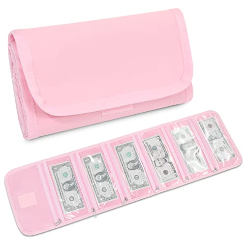 VOCHIC Money Wallet, Money Organizer for Cash with 6 Zippered Pocket Multipack Money Pouch, Cash Bill Organizer, Money Bag Small Travel Money Holder for Budgeting, Receipt and Tips (Pink) - Image 1