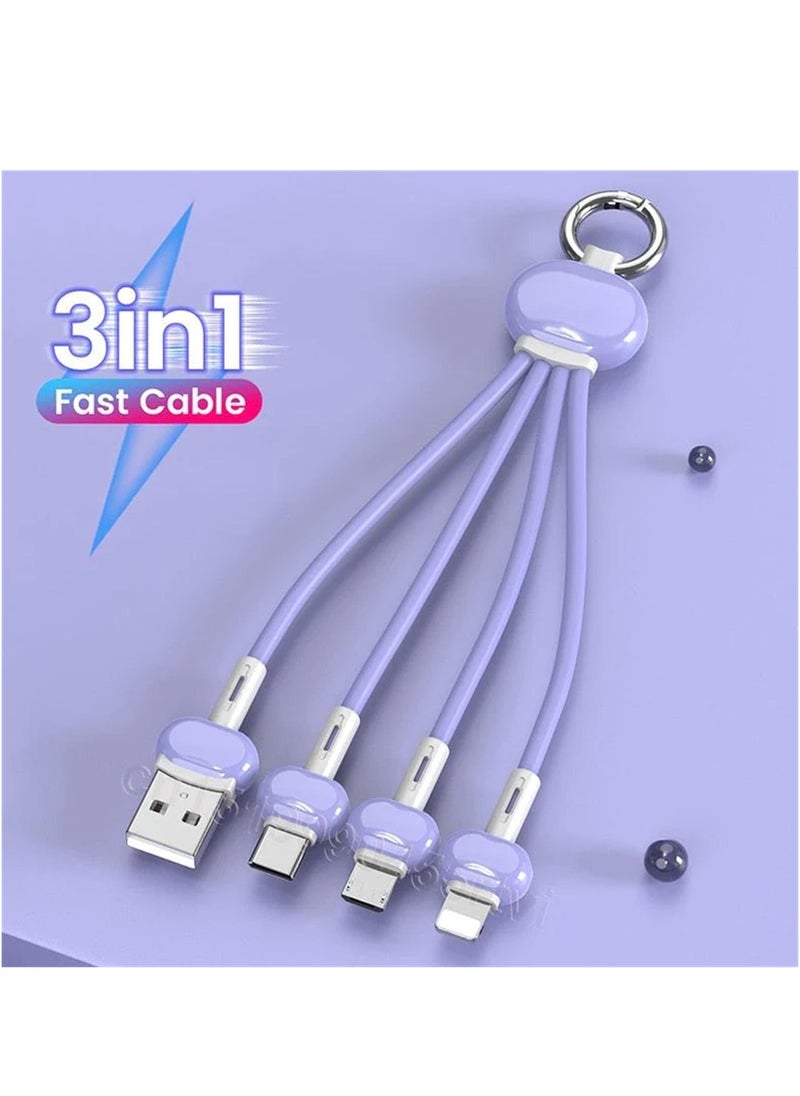 SYOSI - 3 in 1 Multi Charging Cable, Azonee 2PCS Keychain Charging Cable, Portable Keychain Charger Travel Short Universal Fast Charging Cable with Type-c/Micro USB/iOS Port Connector (Purple) - Image 1