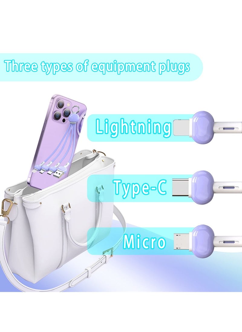 SYOSI - 3 in 1 Multi Charging Cable, Azonee 2PCS Keychain Charging Cable, Portable Keychain Charger Travel Short Universal Fast Charging Cable with Type-c/Micro USB/iOS Port Connector (Purple) - Image 1