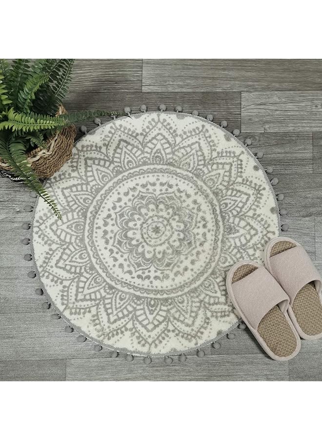 erorex Small Round Rug 2' Beige And Gray Bathroom Rug With Pom Poms Fringe Washable Mandala Circle Shower Mat Soft Non Slip Cute Circular Throw Rug For Sink Powder Room Kids Room Nursery - Image 1