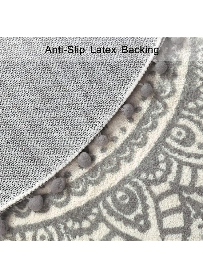 erorex Small Round Rug 2' Beige And Gray Bathroom Rug With Pom Poms Fringe Washable Mandala Circle Shower Mat Soft Non Slip Cute Circular Throw Rug For Sink Powder Room Kids Room Nursery - Image 4