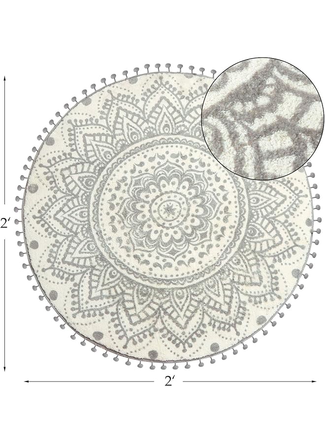 erorex Small Round Rug 2' Beige And Gray Bathroom Rug With Pom Poms Fringe Washable Mandala Circle Shower Mat Soft Non Slip Cute Circular Throw Rug For Sink Powder Room Kids Room Nursery - Image 2
