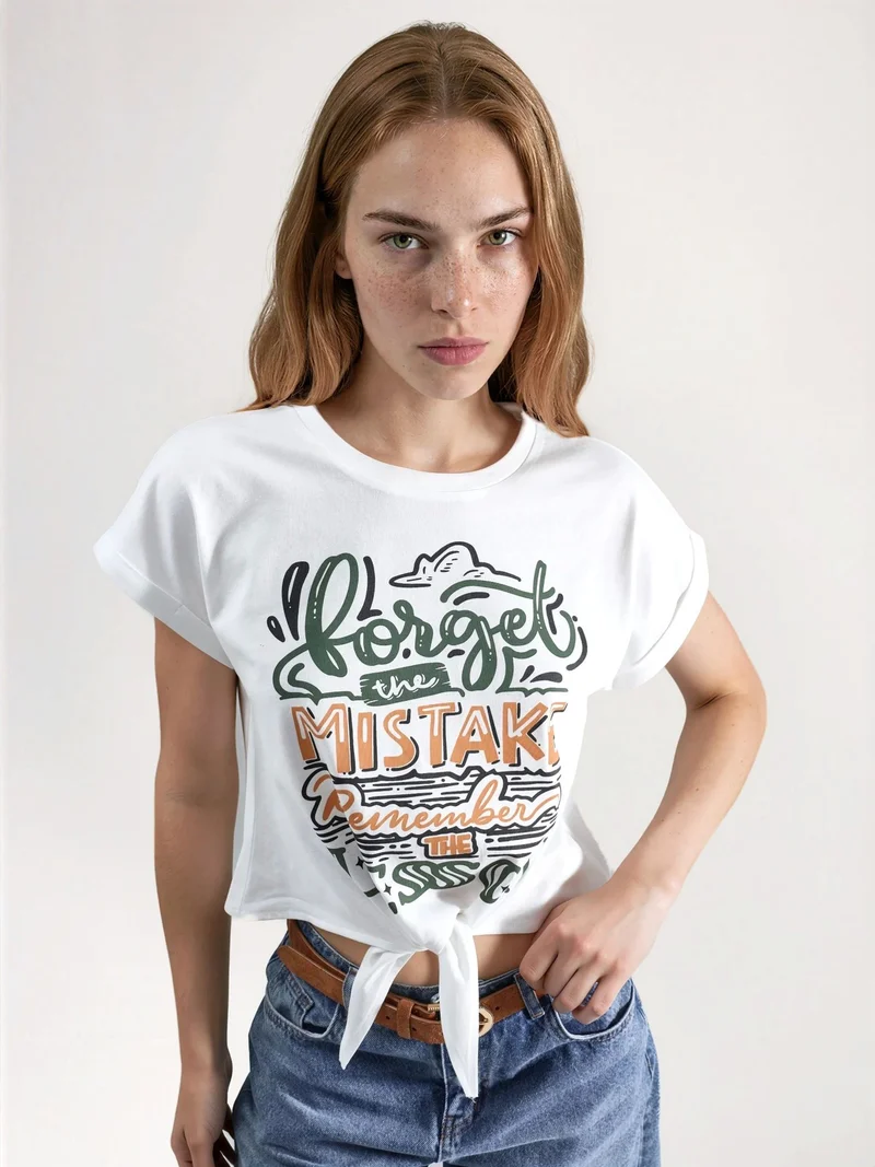 Hiccup White Printed Crop T-Shirt for Women | Best Price UAE