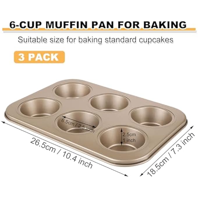 3 Pack Muffin Pan 6 Cups Nonstick Cupcake Pan For Baking Carbon Steel Muffin Tin Cupcake Baking Tray For Oven  Gold - Image 3