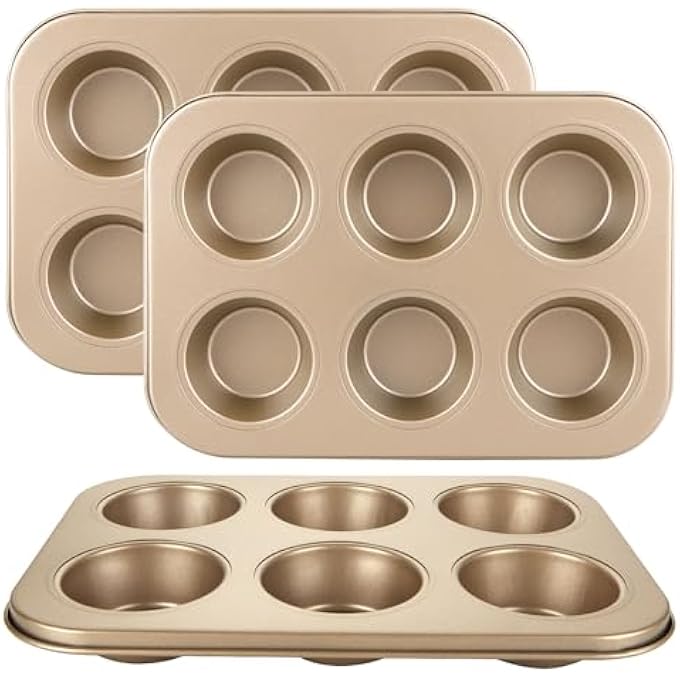 3 Pack Muffin Pan 6 Cups Nonstick Cupcake Pan For Baking Carbon Steel Muffin Tin Cupcake Baking Tray For Oven  Gold - Image 1
