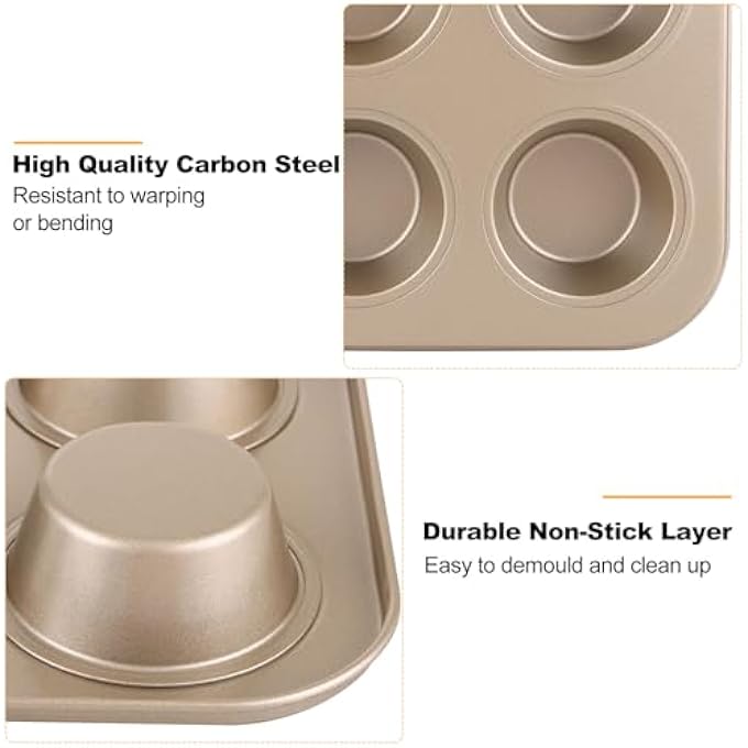3 Pack Muffin Pan 6 Cups Nonstick Cupcake Pan For Baking Carbon Steel Muffin Tin Cupcake Baking Tray For Oven  Gold - Image 4