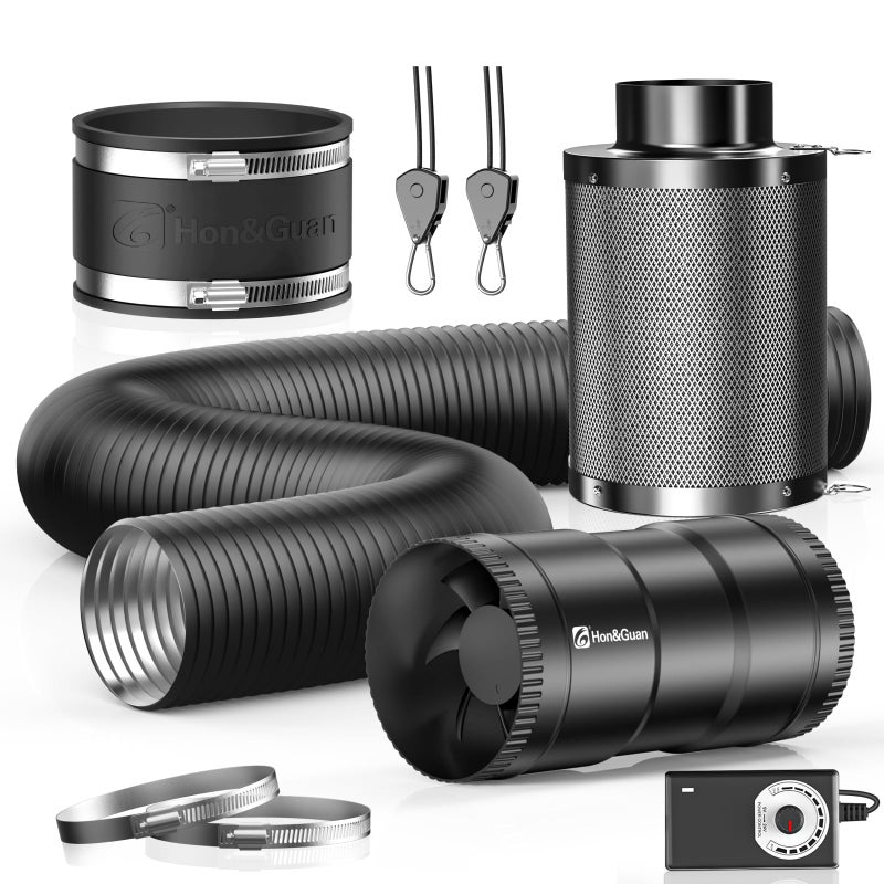Hon&Guan 4" Air Filtration Kit: 4 Inch Inline Duct Fan with Speed Controller, 10" High Carbon Filter, 8 Ft Ducting & Rubber Coupler, Ventilation System for Grow Tents, Indoor Gardening, Hydroponics - Image 1