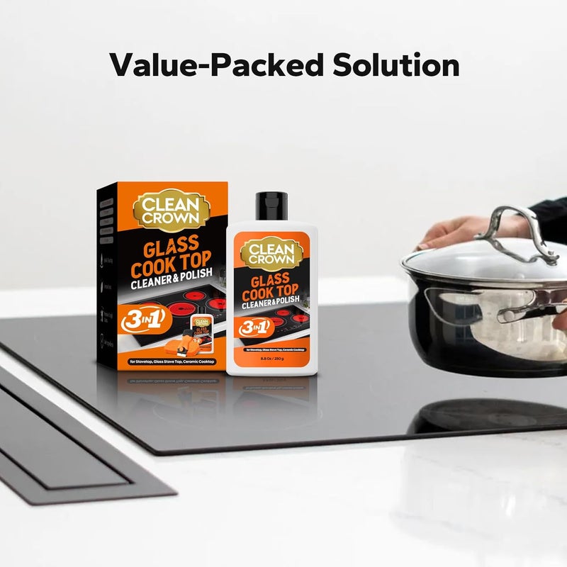 CleanCrown 3-in-1 Cooktop Cleaner Kit (8.8 Oz Cooktop Cleaner + Scrubbing Pad + Scraper), Stovetop Cleaner for Electric Top Stoves, Ceramic Cooktops & Fireplace Glass, Remove Burned on Food, Grease - Image 5