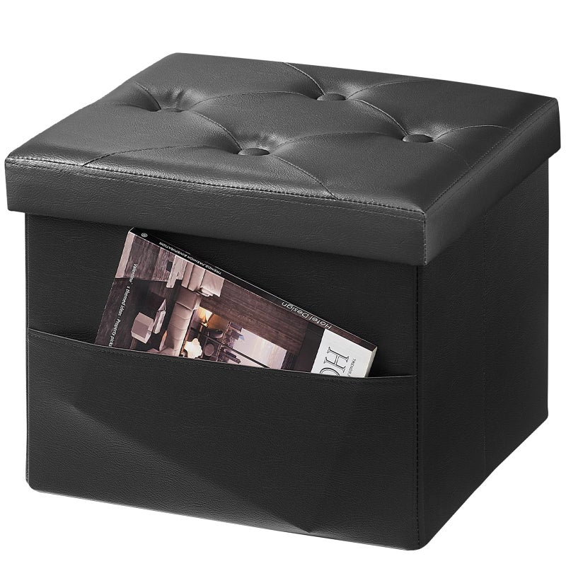 AmasSmile Storage Ottoman Folding Foot Rest Stool Leather Footstool Bench Short Ottoman Stool Storage Foot Rest Store Books Side Pocket Black 17 D x 13 W x 13 H