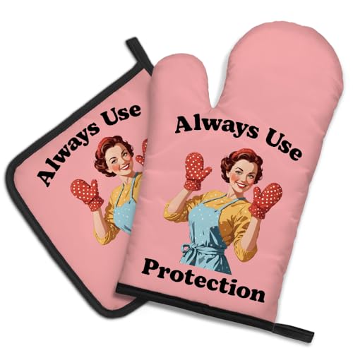 DYJYBMY Always Use Protection Funny Oven Mitts and Pot Holder Set Retro Housewife Kitchen Gadgets for Women Baking Gifts for Bake Lover Chef Friend Hostess Gifts for Mom Wife Aunt Sister BFF - Image 1