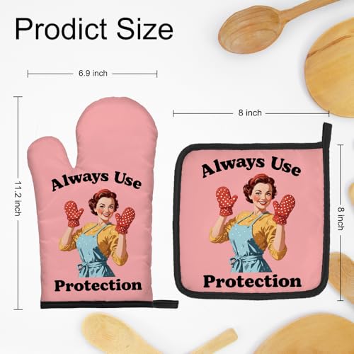 DYJYBMY Always Use Protection Funny Oven Mitts and Pot Holder Set Retro Housewife Kitchen Gadgets for Women Baking Gifts for Bake Lover Chef Friend Hostess Gifts for Mom Wife Aunt Sister BFF - Image 3