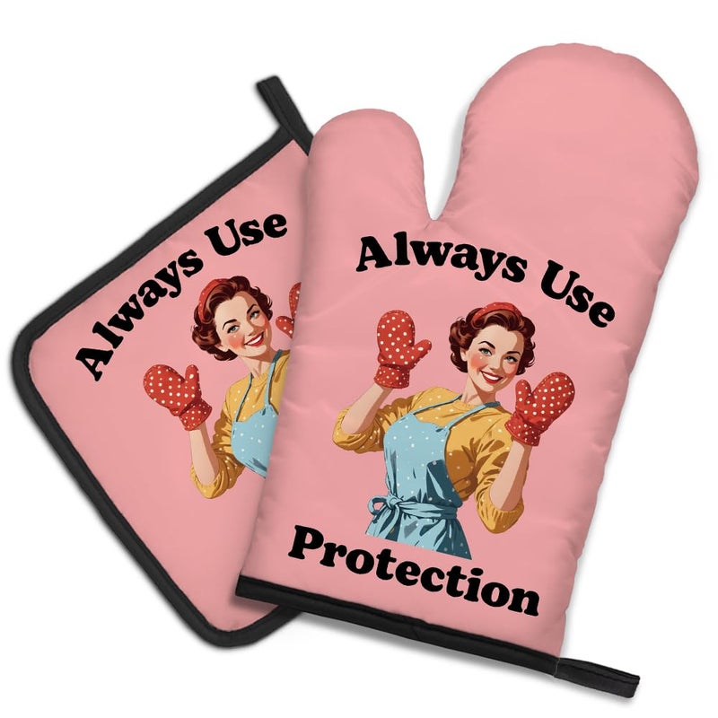 DYJYBMY Always Use Protection Funny Oven Mitts and Pot Holder Set Retro Housewife Kitchen Gadgets for Women Baking Gifts for Bake Lover Chef Friend Hostess Gifts for Mom Wife Aunt Sister BFF - Image 2