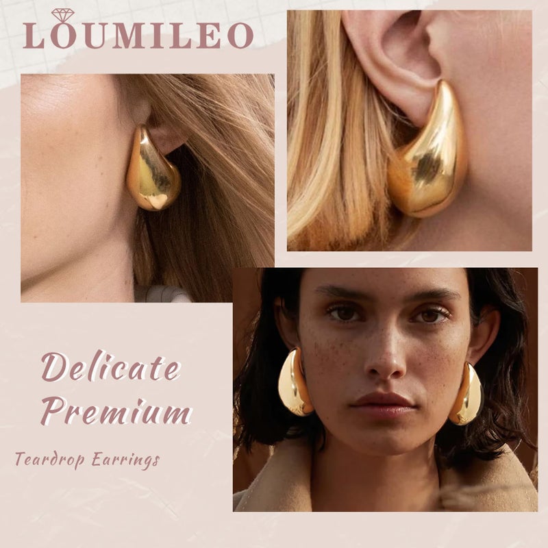 LOUMILEO أقراط لومايليو الكبيرة السميكة على شكل حلقة ذهبية 14 قيراط مطلية بشكل قطرة ماء خفيفة الوزن وعصرية للنساء، ذهب-40 مم - Image 5