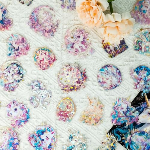 WASHBO 30 Pcs Unicorns Holographic Stickers for Teens Transparent Waterproof PET Stickers for Journal Phone Case Cup Laptop Scrapbook Ins Aesthetic Scrapbook Decorations - Image 1