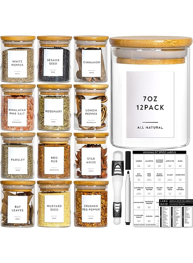 IAF 6oz 12Packs Glass Jars Set, Cylinder Spice Jars with Bamboo Lids and Customized Labels, Food Storage Container Canisters for Home Kitchen, Spice, Herbs, Seasoning, Seed, Tea, Sugar, Salt - Image 1