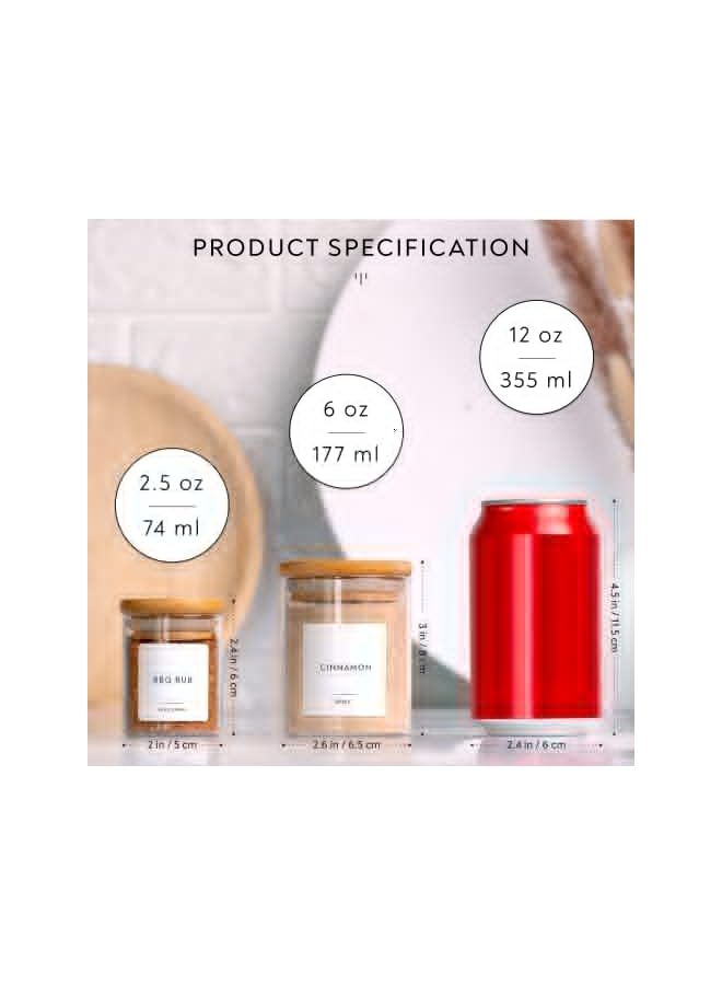 IAF 6oz 12Packs Glass Jars Set, Cylinder Spice Jars with Bamboo Lids and Customized Labels, Food Storage Container Canisters for Home Kitchen, Spice, Herbs, Seasoning, Seed, Tea, Sugar, Salt - Image 4