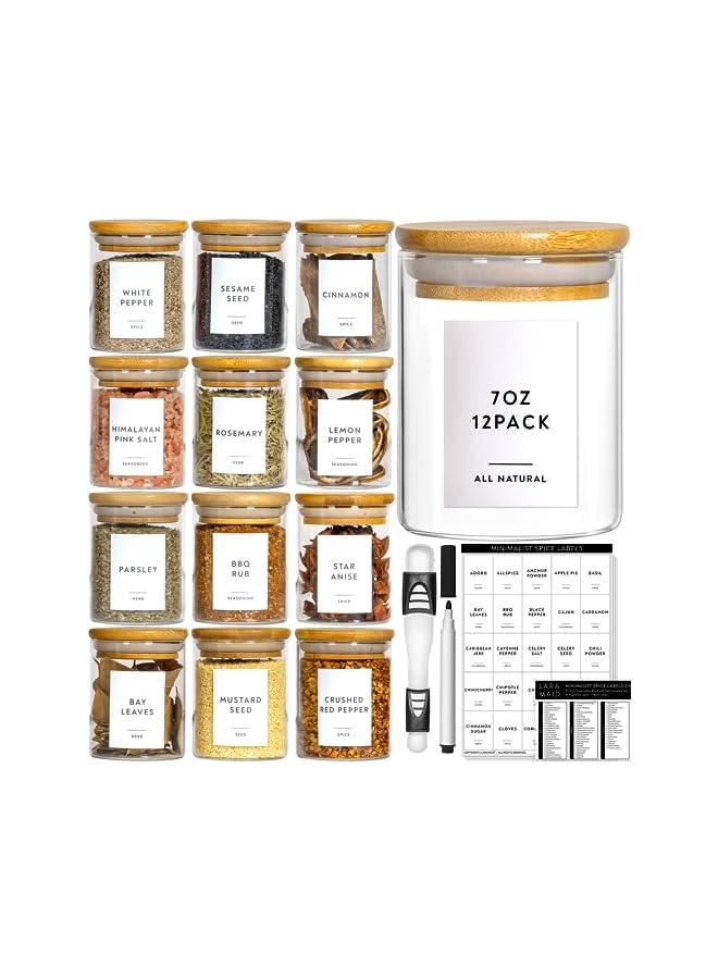 IAF 6oz 12Packs Glass Jars Set, Cylinder Spice Jars with Bamboo Lids and Customized Labels, Food Storage Container Canisters for Home Kitchen, Spice, Herbs, Seasoning, Seed, Tea, Sugar, Salt - Image 2