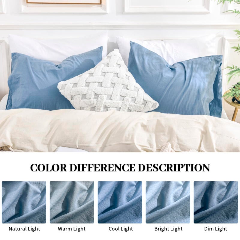 NEXHOME PRO 100% Organic Cotton Queen Pillowcases Set of 2  Envelope Closure Linen Feel Textured Natural  Soft and Durable  Premium Cooling Pillow Cases for Bed (20x30 inch  Blue) - Image 2