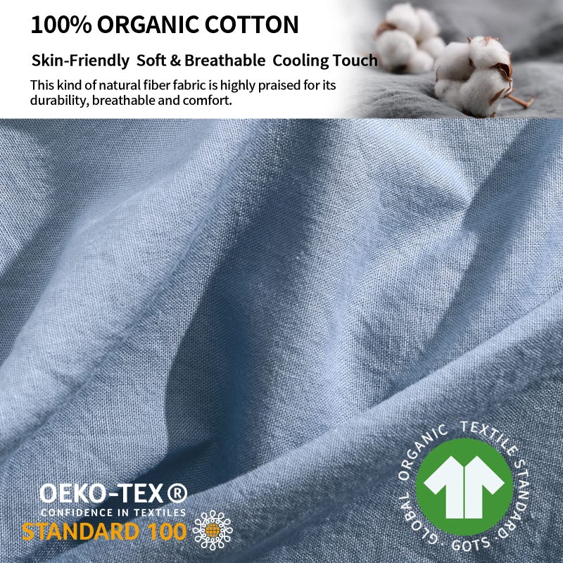 NEXHOME PRO 100% Organic Cotton Queen Pillowcases Set of 2  Envelope Closure Linen Feel Textured Natural  Soft and Durable  Premium Cooling Pillow Cases for Bed (20x30 inch  Blue) - Image 3