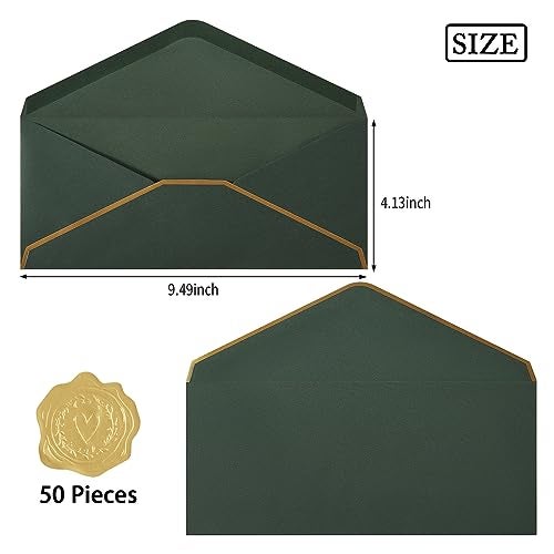 Topeen 50 Pack #10 Business Envelopes with Gold Border, Self Seal Standard Envelopes with Gold Stickers for Office, Checks, Letter Mailing, Invoices, 4 1/8 x 9 1/2 Inches (Dark Green) - Image 2