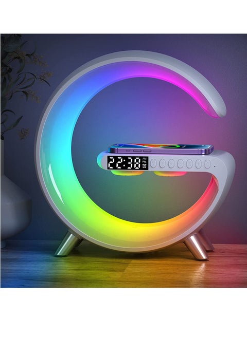 RGB Atmosphere Lamp,Color Changing Mood Light with Wireless Charger,15W LED Bedside lamp with Time Display, Dimmable Night Light with Alarm Clock, Bluetooth Speaker and APP Control for Bedroom