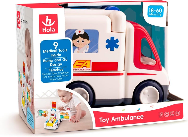 Hola Toy Ambulance with Lights & Sounds, Bump-and-Go Feature, 9 Medical Tools, Removable Driver & Patient Figures, Educational Pretend Play for Kids 3Y+, Promotes Fine Motor Skills & Imagination - Image 2