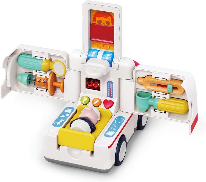 Hola Toy Ambulance with Lights & Sounds, Bump-and-Go Feature, 9 Medical Tools, Removable Driver & Patient Figures, Educational Pretend Play for Kids 3Y+, Promotes Fine Motor Skills & Imagination - Image 4