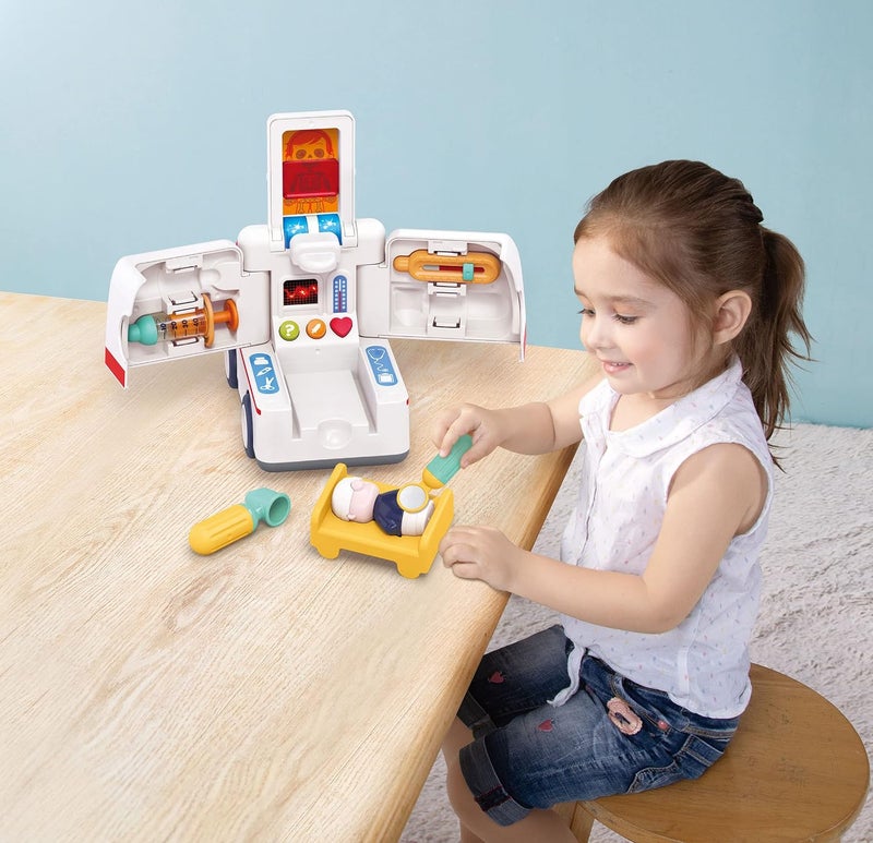 Hola Toy Ambulance with Lights & Sounds, Bump-and-Go Feature, 9 Medical Tools, Removable Driver & Patient Figures, Educational Pretend Play for Kids 3Y+, Promotes Fine Motor Skills & Imagination - Image 3