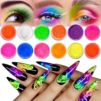GJNL Neon Pigment Powder for Nails Eyeshadow 12 Colors Fluorescent Neon Rainbow Smoke Nails - Image 1