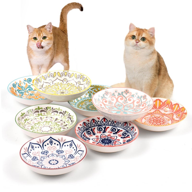 YEAHGO Cat Food Bowls for Indoor Cats Ceramic Cat Bowls Whisker Friendly Cat Dishes for Food and Water 5.5 Inches Kitten Bowls Cute Cat Feeding Bowls Set 8 Cat Wet Food Bowl Set Shallow Cat Plate - Image 1