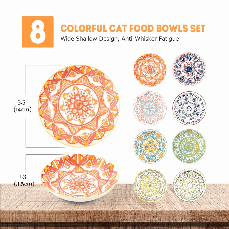 YEAHGO Cat Food Bowls for Indoor Cats Ceramic Cat Bowls Whisker Friendly Cat Dishes for Food and Water 5.5 Inches Kitten Bowls Cute Cat Feeding Bowls Set 8 Cat Wet Food Bowl Set Shallow Cat Plate - Image 2