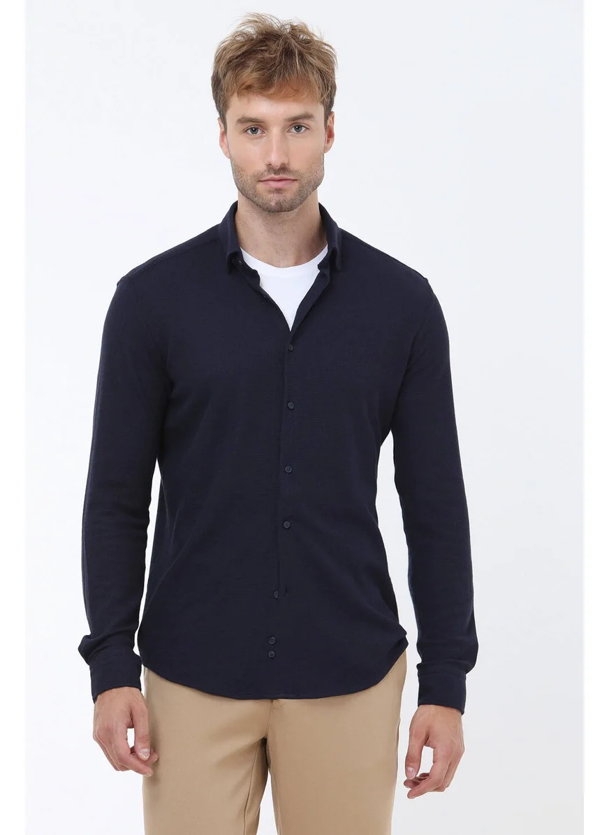 Kip Navy Blue Slim Fit Casual Cotton Blend Shirt