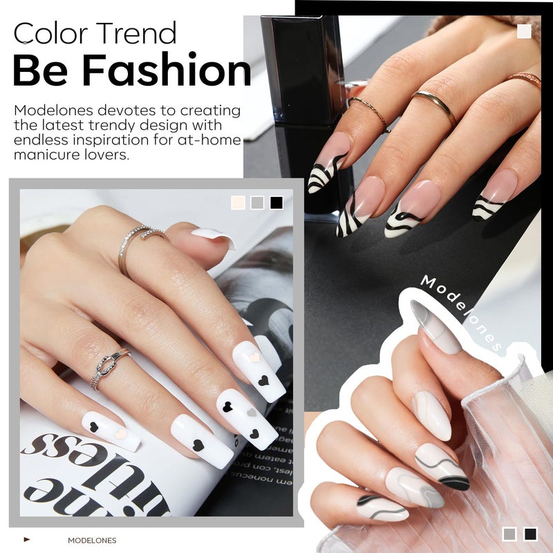modelones White Black Gel Nail Polish Set -6 Colors Black Milky White Neutral Nude Gray Glitter Gel Polish Soak Off Nail Kit Manicure DIY at Home Nail Art Salon Gift - Image 3