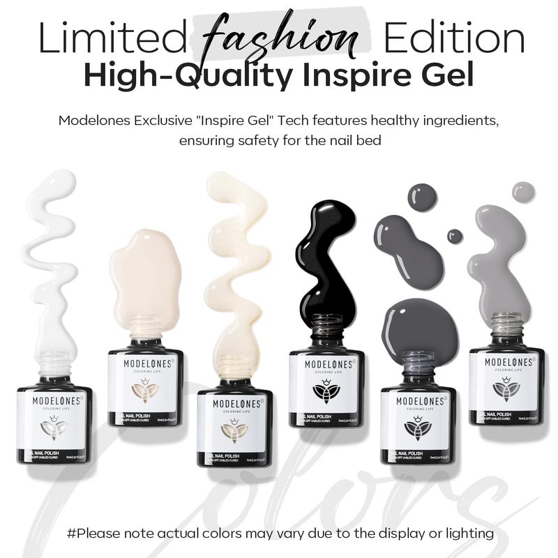 modelones White Black Gel Nail Polish Set -6 Colors Black Milky White Neutral Nude Gray Glitter Gel Polish Soak Off Nail Kit Manicure DIY at Home Nail Art Salon Gift - Image 2