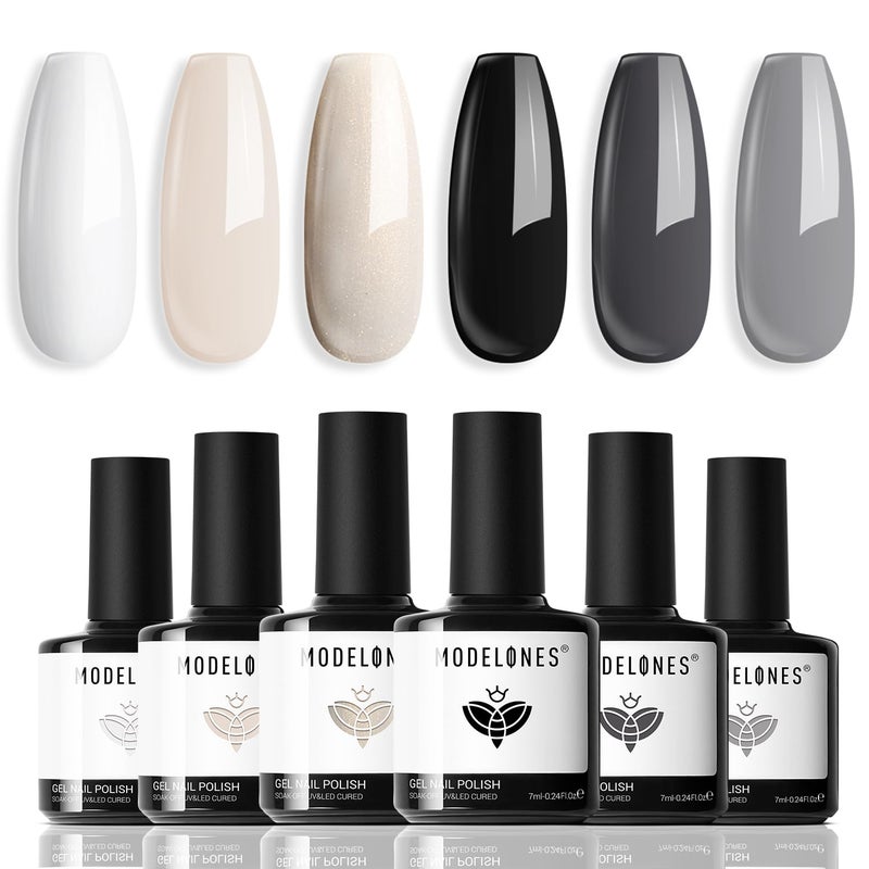 modelones White Black Gel Nail Polish Set -6 Colors Black Milky White Neutral Nude Gray Glitter Gel Polish Soak Off Nail Kit Manicure DIY at Home Nail Art Salon Gift - Image 1
