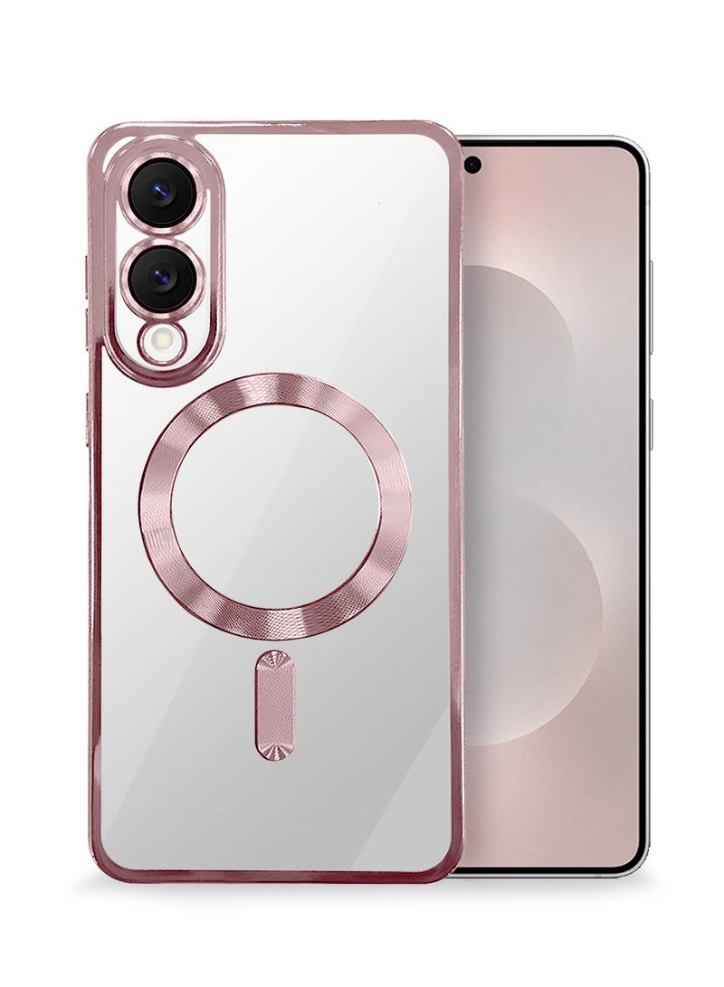 Wtech Samsung Galaxy S25 Edge 5G 2025 Magsafe PU Luxury Plating Raised Lips Camera Hole With Camera Lens Protection Case Cover - Clear/Rose Gold - Image 1