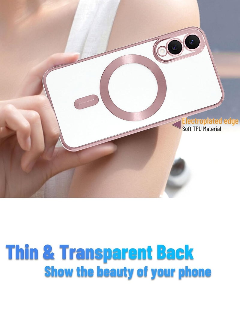 Wtech Samsung Galaxy S25 Edge 5G 2025 Magsafe PU Luxury Plating Raised Lips Camera Hole With Camera Lens Protection Case Cover - Clear/Rose Gold - Image 2