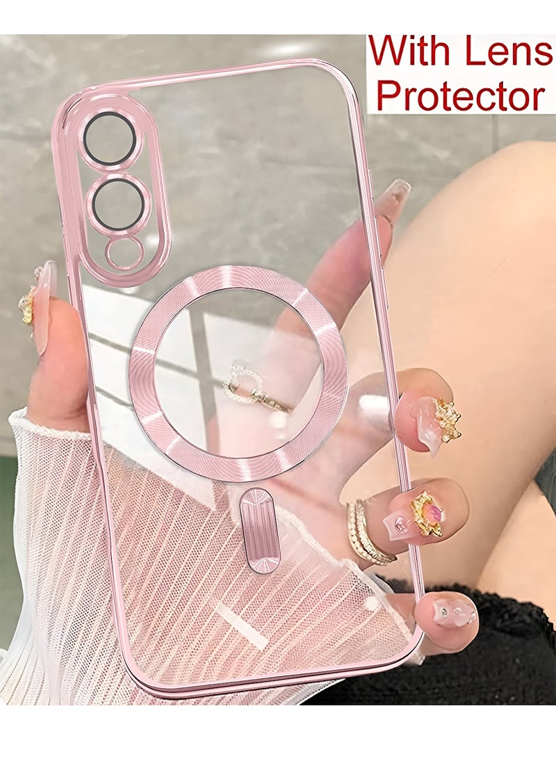 Wtech Samsung Galaxy S25 Edge 5G 2025 Magsafe PU Luxury Plating Raised Lips Camera Hole With Camera Lens Protection Case Cover - Clear/Rose Gold - Image 5